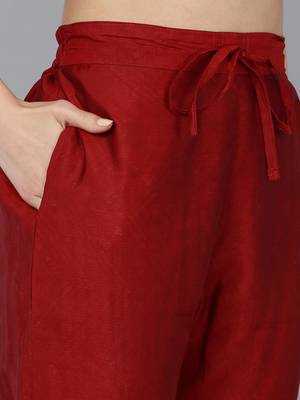 red color embroidered silk blend styles kurta trouser with dupatta 5