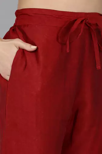red color embroidered silk blend styles kurta trouser with dupatta