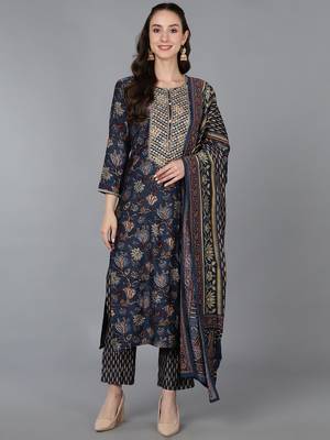 blue color embroidered silk blend styles kurta trouser with dupatta 1