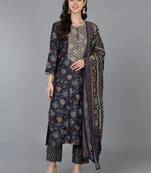 blue color embroidered silk blend styles kurta trouser with dupatta
