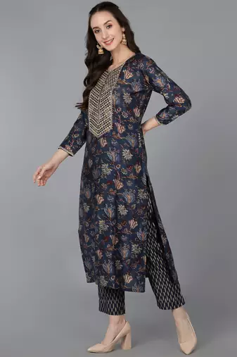 blue color embroidered silk blend styles kurta trouser with dupatta