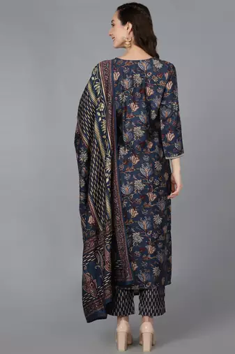 blue color embroidered silk blend styles kurta trouser with dupatta