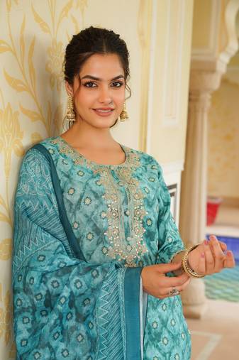 sea green color embroidered silk blend styles kurta trouser with dupatta
