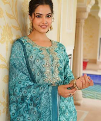 sea green color embroidered silk blend styles kurta trouser with dupatta 1