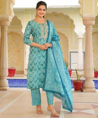 sea green color embroidered silk blend styles kurta trouser with dupatta 3