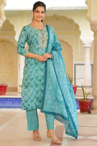 sea green color embroidered silk blend styles kurta trouser with dupatta