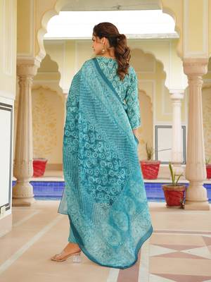 sea green color embroidered silk blend styles kurta trouser with dupatta 4