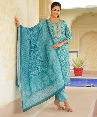 sea green color embroidered silk blend styles kurta trouser with dupatta 5