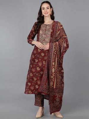 maroon color embroidered silk blend styles kurta trouser with dupatta 1
