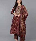 maroon color embroidered silk blend styles kurta trouser with dupatta