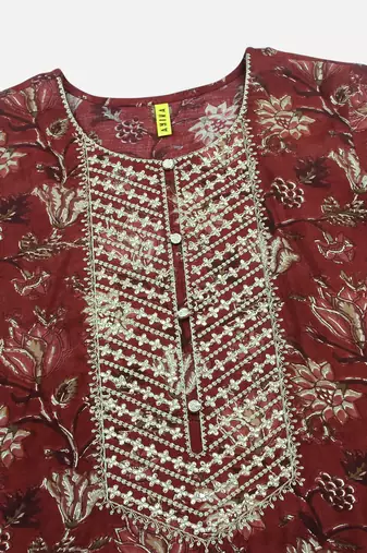 maroon color embroidered silk blend styles kurta trouser with dupatta