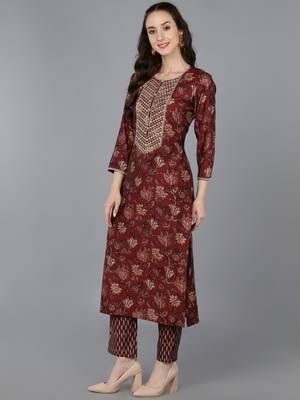 maroon color embroidered silk blend styles kurta trouser with dupatta 3