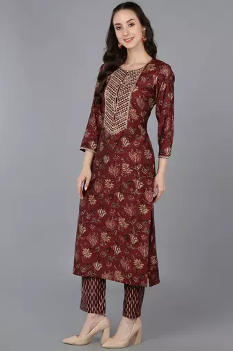 maroon color embroidered silk blend styles kurta trouser with dupatta