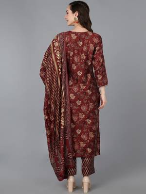 maroon color embroidered silk blend styles kurta trouser with dupatta 4