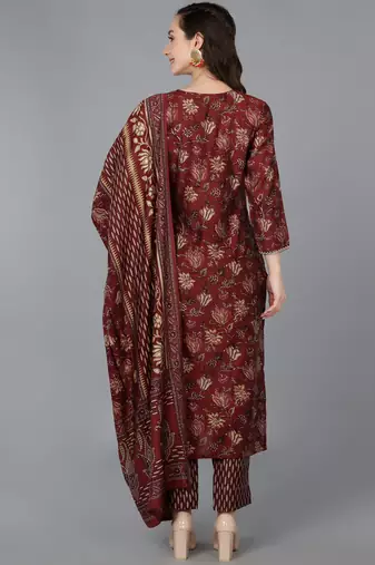 maroon color embroidered silk blend styles kurta trouser with dupatta