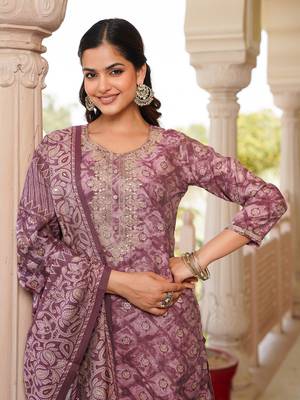 mauve color embroidered silk blend styles kurta trouser with dupatta 1