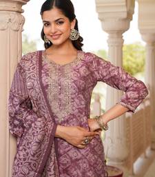 mauve color embroidered silk blend styles kurta trouser with dupatta