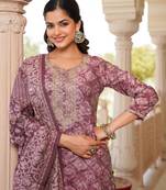 mauve color embroidered silk blend styles kurta trouser with dupatta