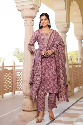 mauve color embroidered silk blend styles kurta trouser with dupatta