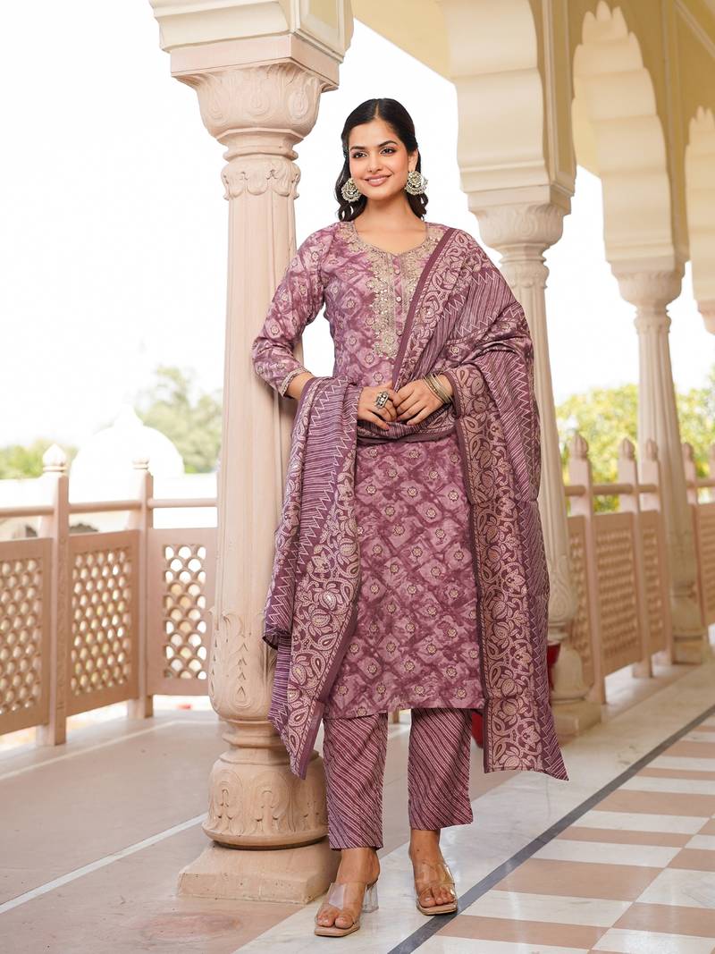 mauve color embroidered silk blend styles kurta trouser with dupatta