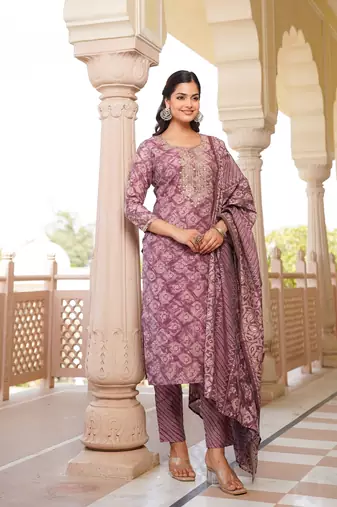 mauve color embroidered silk blend styles kurta trouser with dupatta