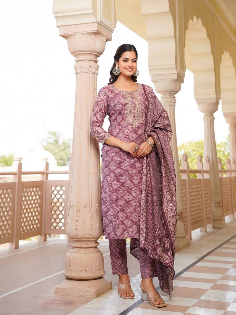 mauve color embroidered silk blend styles kurta trouser with dupatta