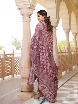 mauve color embroidered silk blend styles kurta trouser with dupatta 4
