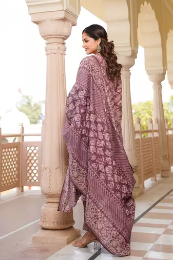 mauve color embroidered silk blend styles kurta trouser with dupatta