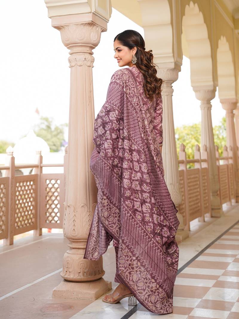 mauve color embroidered silk blend styles kurta trouser with dupatta