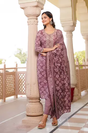 mauve color embroidered silk blend styles kurta trouser with dupatta