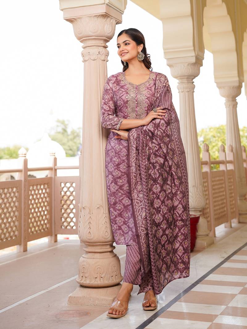 mauve color embroidered silk blend styles kurta trouser with dupatta