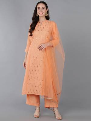 peach color embroidered silk blend styles kurta palazzo with dupatta 1