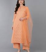 peach color embroidered silk blend styles kurta palazzo with dupatta
