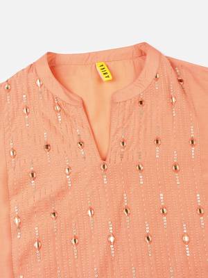 peach color embroidered silk blend styles kurta palazzo with dupatta 2