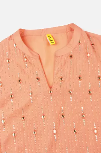 peach color embroidered silk blend styles kurta palazzo with dupatta