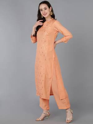 peach color embroidered silk blend styles kurta palazzo with dupatta 3