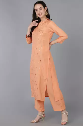 peach color embroidered silk blend styles kurta palazzo with dupatta