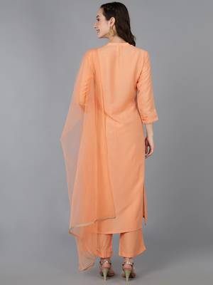 peach color embroidered silk blend styles kurta palazzo with dupatta 4