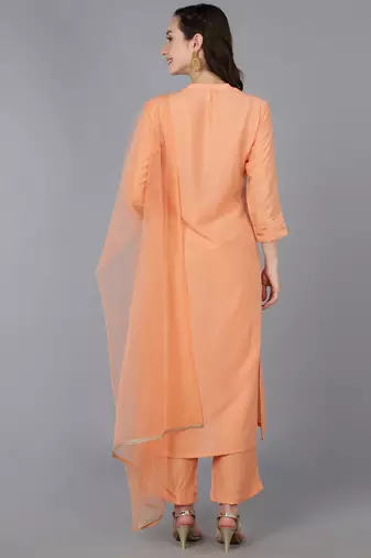peach color embroidered silk blend styles kurta palazzo with dupatta