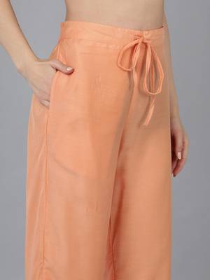 peach color embroidered silk blend styles kurta palazzo with dupatta 5