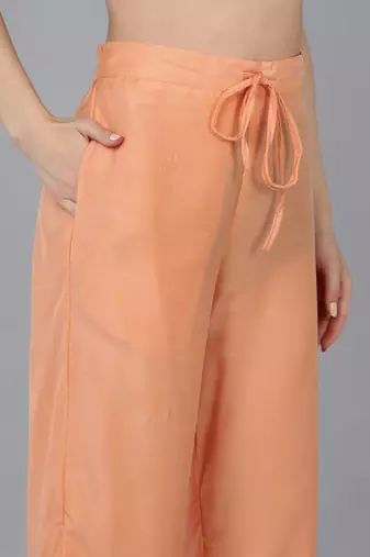peach color embroidered silk blend styles kurta palazzo with dupatta