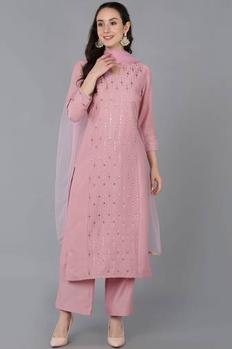 pink color embroidered silk blend styles kurta trouser with dupatta