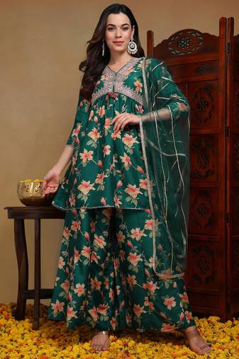 green color embroidered chanderi silk styles kurta trouser with dupatta