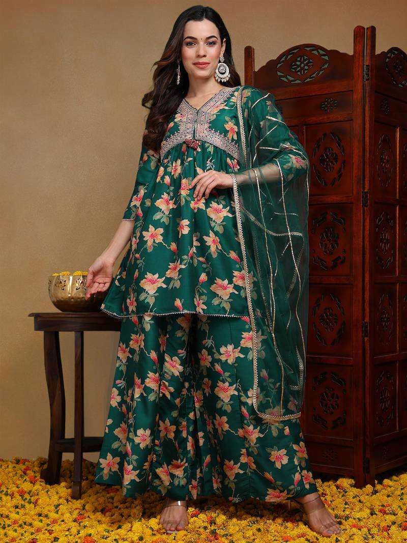 green color embroidered chanderi silk styles kurta trouser with dupatta