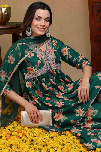 green color embroidered chanderi silk styles kurta trouser with dupatta