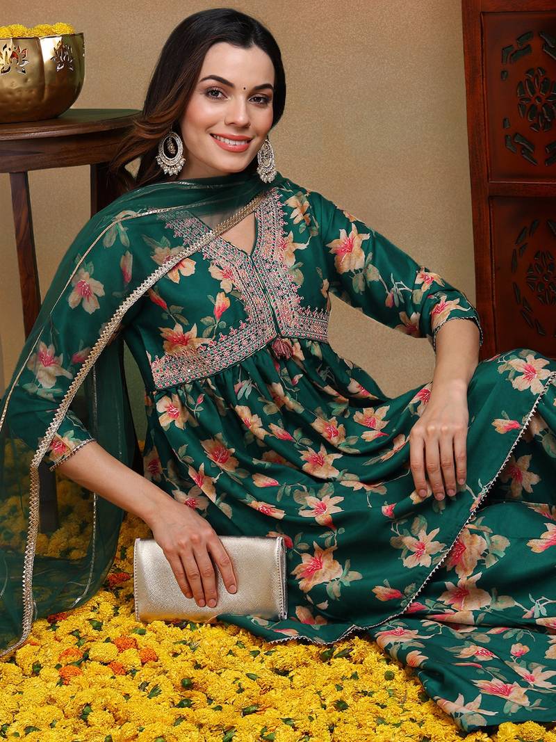 green color embroidered chanderi silk styles kurta trouser with dupatta