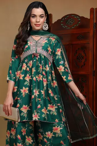 green color embroidered chanderi silk styles kurta trouser with dupatta