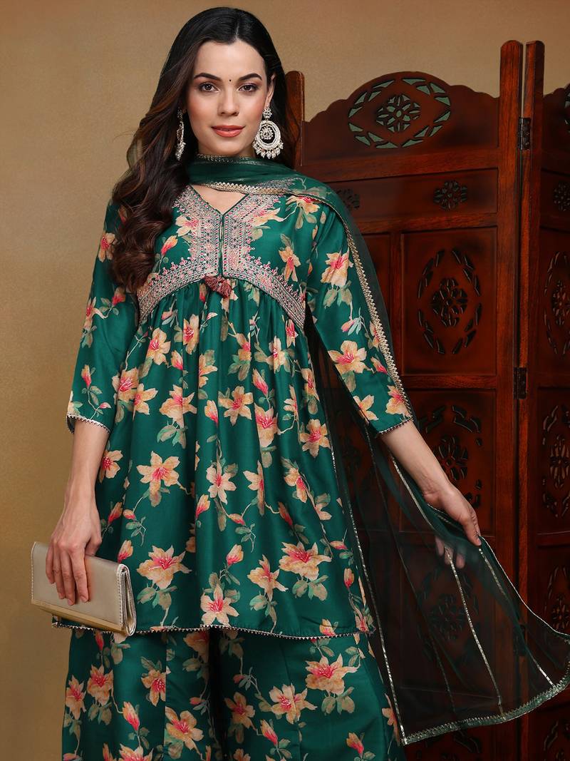 green color embroidered chanderi silk styles kurta trouser with dupatta