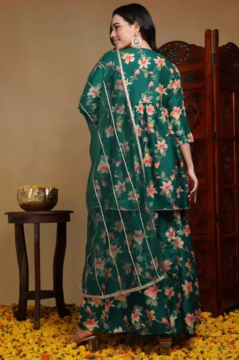 green color embroidered chanderi silk styles kurta trouser with dupatta