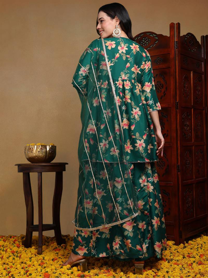 green color embroidered chanderi silk styles kurta trouser with dupatta